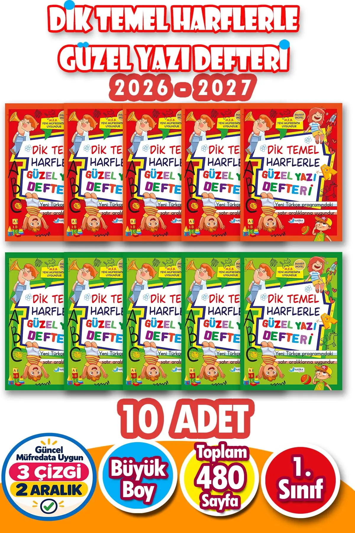 Dik Temel Harflere Uygun Güzel Yazı Defteri - 1.Sınıf - 10 Adet Büyük Boy